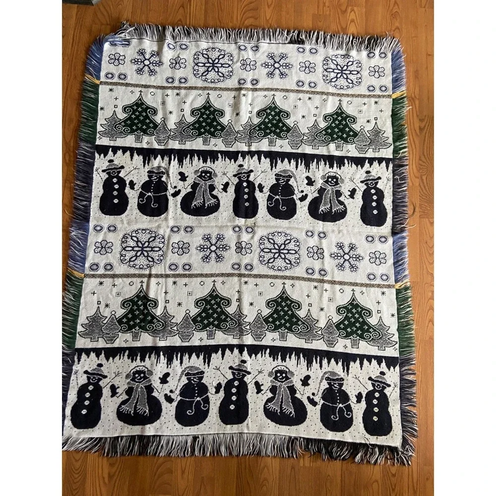Woven Christmas Throw Blanket Snowman Tree Pattern Blue Green Fringe Winter Holi